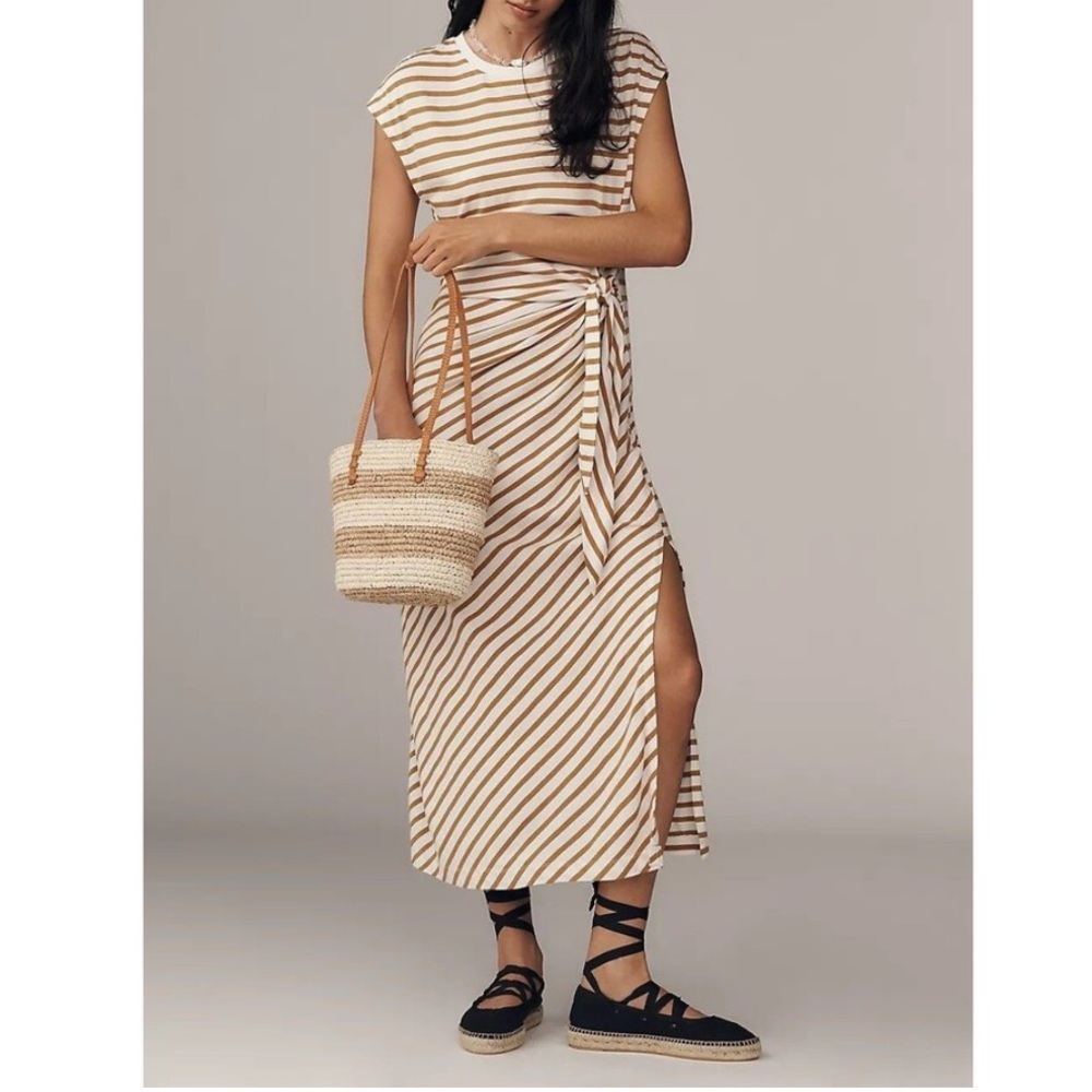 🟠NWT DAILY PRACTICE by ANTHROPOLOGIE Muscle-Sleeve Midi Dress in Camel XS